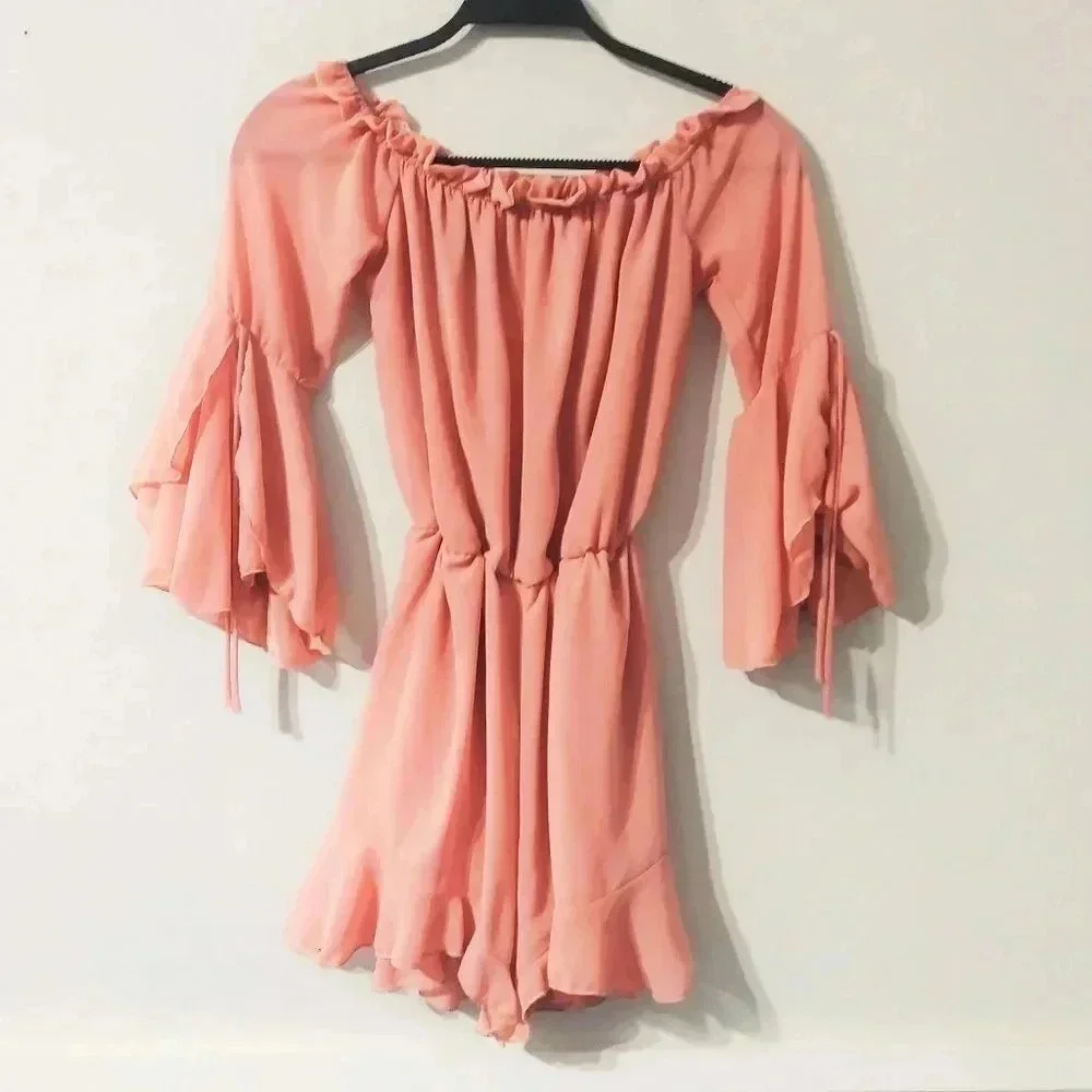 Papaya Pink‎ Off The Shoulder Romper Tiered Bell Sleeve Ruffle Hem Summer Boho